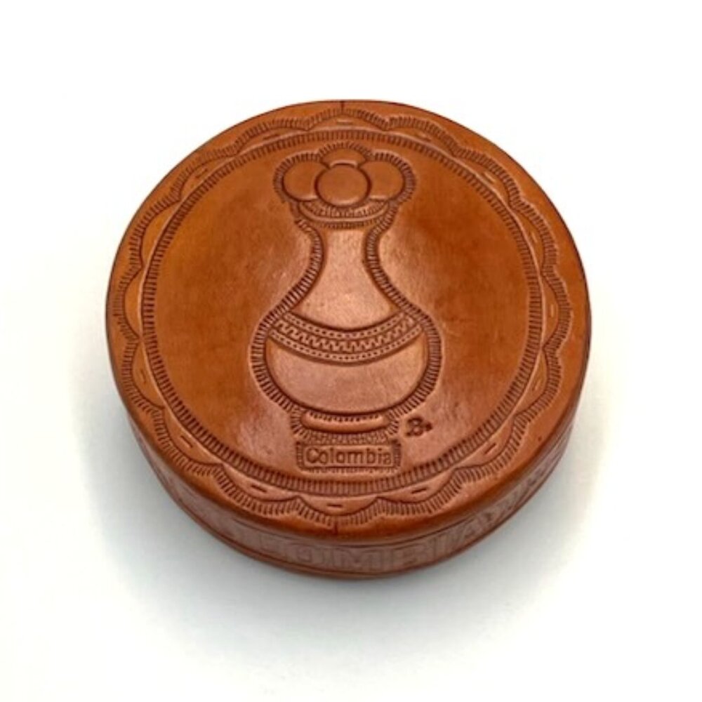 Tooled Leather Coaster Set of 6 with Box Marked Colombia Folk Art Hand Crafted